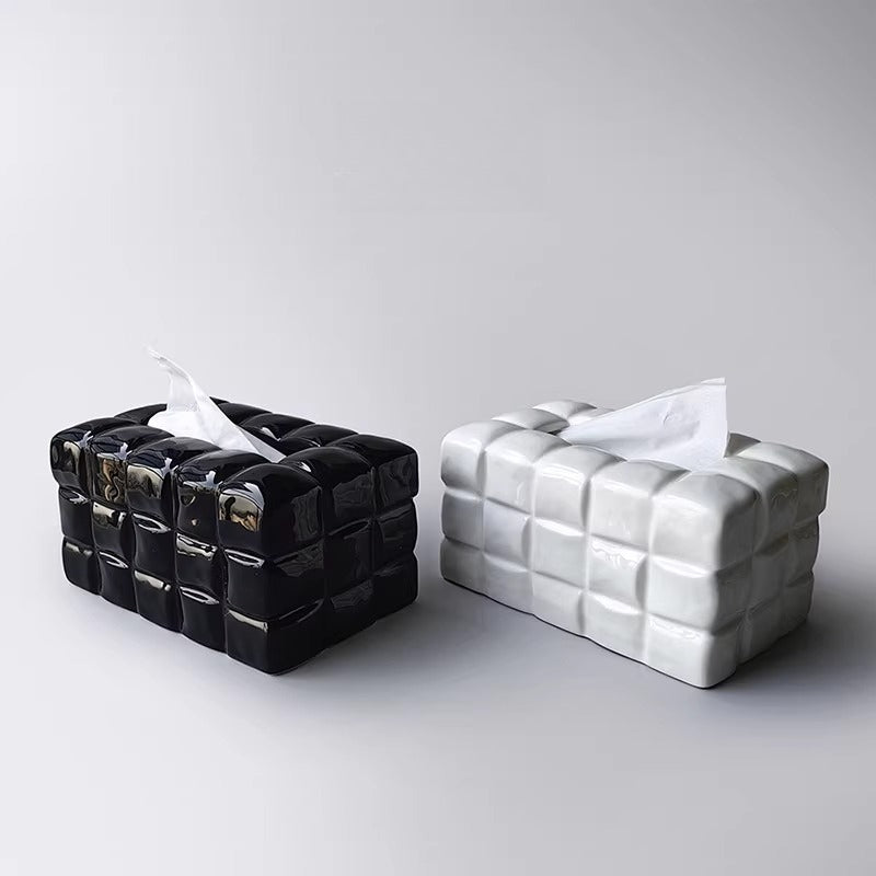 Sculptural Waffle Grid Ceramic Tissue Box | Modern Pop Art Decor