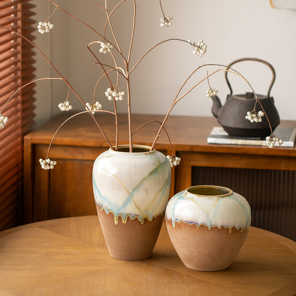 "The Seashore" Two-Tone Ceramic Vase | Wabi-Sabi Reactive Drip Glaze Pottery