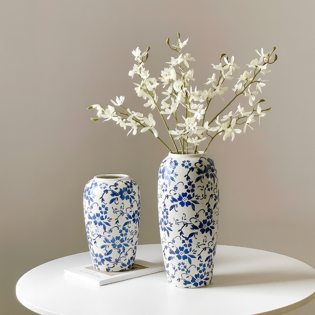 Tall Blue & White Ceramic Vase – Porcelain Floral Vase for Table & Floor Décor (2 Sizes)