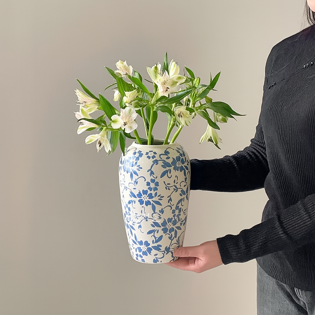 Tall Blue & White Ceramic Vase – Porcelain Floral Vase for Table & Floor Décor (2 Sizes)
