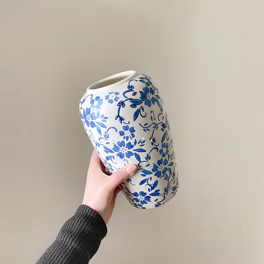 Tall Blue & White Ceramic Vase – Porcelain Floral Vase for Table & Floor Décor (2 Sizes)