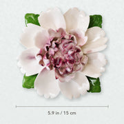 Extra Large Ruffled Peony Ceramic Wall Flower in Plum Purple Accent with 5.9 in / 15 cm diameter shown.