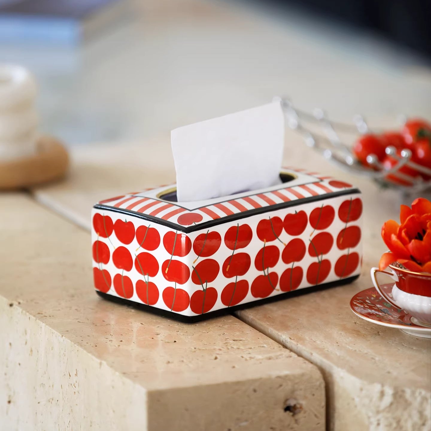 Boîte à mouchoirs en céramique cerise rétro | Distributeur Pop Art rayé