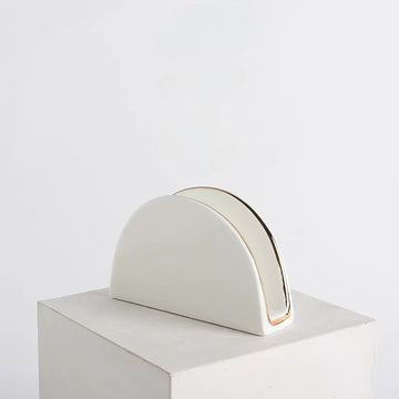 Porte-serviettes en céramique minimaliste arquée | Support artisanal bord doré métallique