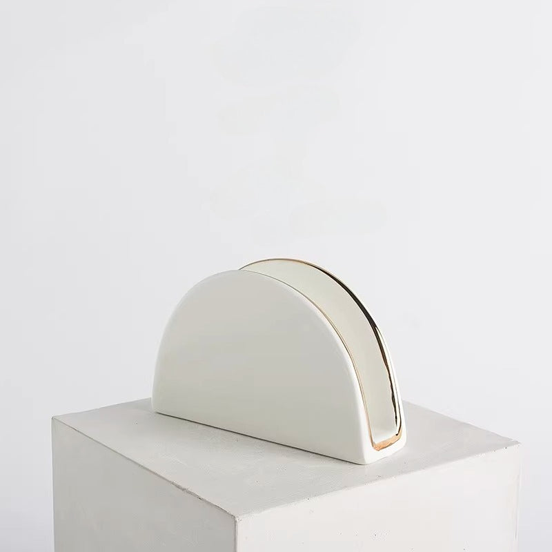 Porte-serviettes en céramique minimaliste arquée | Support artisanal bord doré métallique