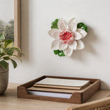 Medium Lotus Bloom Ceramic Wall Flower in Rose Red Accent mounted above a slim wood letter tray in a home office.