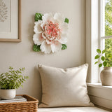 Extra Large Ruffled Peony Ceramic Wall Flower in Rose Red Accent mounted above a window-seat cushion in a living room.