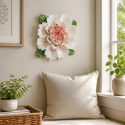 Extra Large Ruffled Peony Ceramic Wall Flower in Rose Red Accent mounted above a window-seat cushion in a living room.
