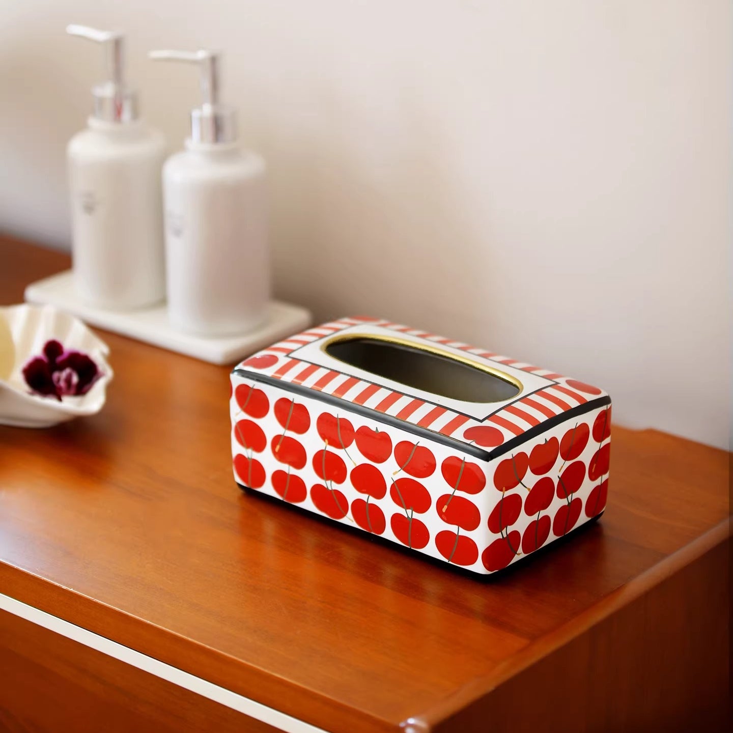 Boîte à mouchoirs en céramique cerise rétro | Distributeur Pop Art rayé