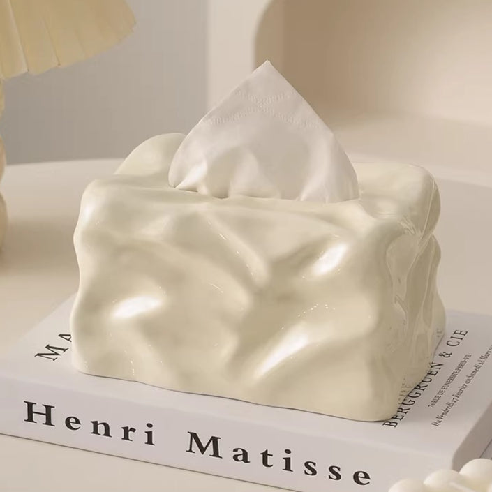Sculptural "Crinkled Paper" Ceramic Tissue Box | Modern Art Decor