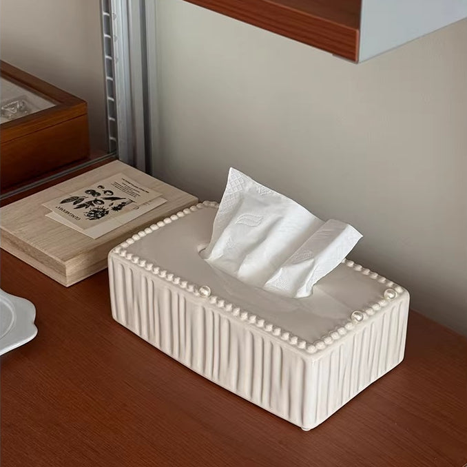 Fluted Beaded Ceramic Tissue Box | Neoclassical Pearl Decor