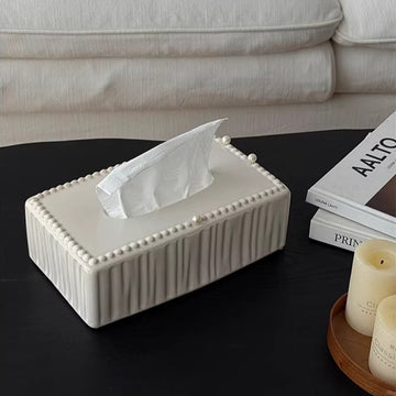 Fluted Beaded Ceramic Tissue Box | Neoclassical Pearl Decor
