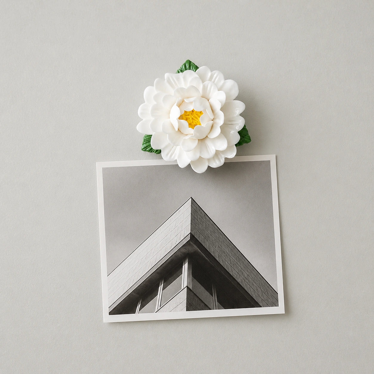 Aimant pivoine en céramique blanc chaud retenant une photo d’architecture monochrome.
