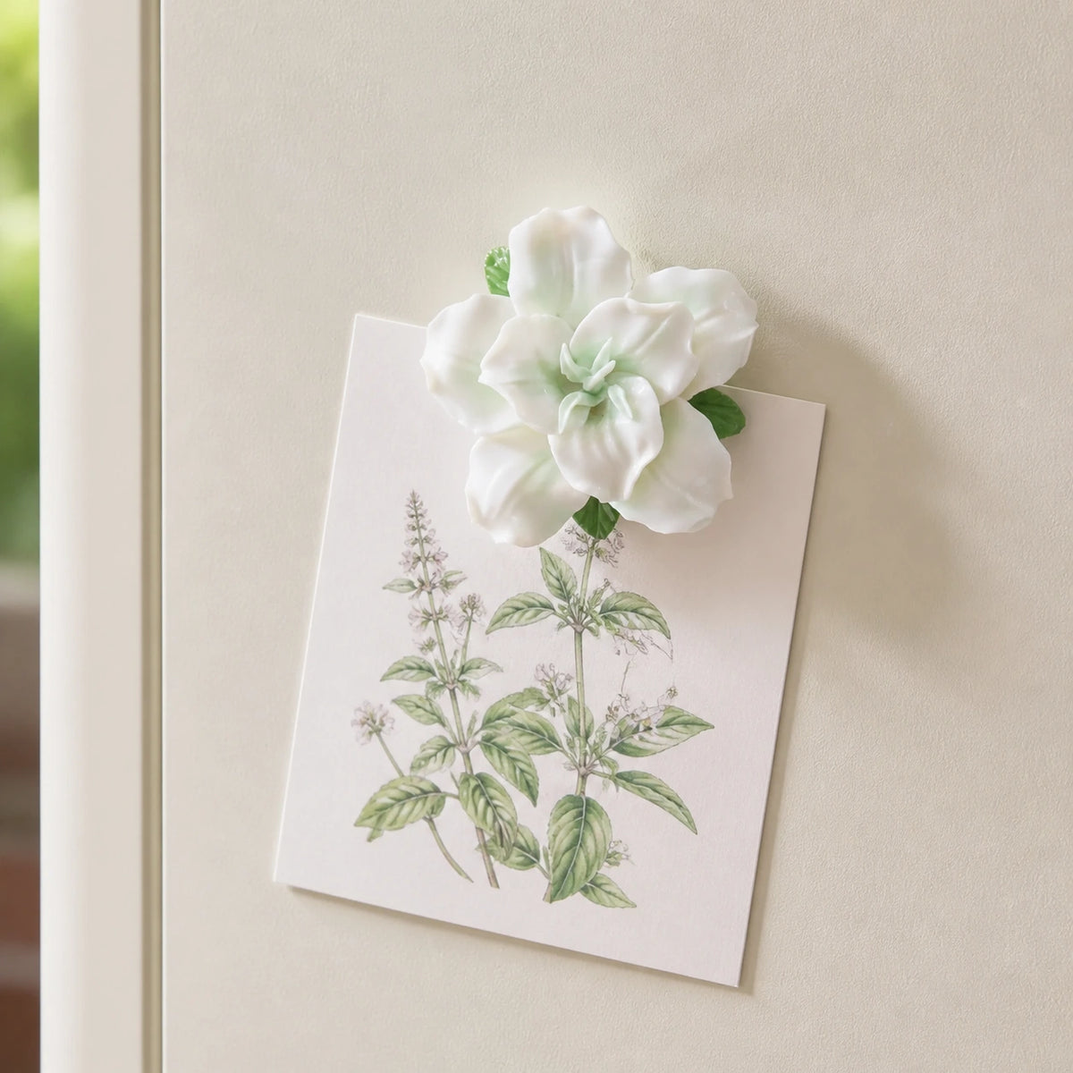 Pale green ceramic lily magnet holding an illustrated herb card on a warm cream cabinet.