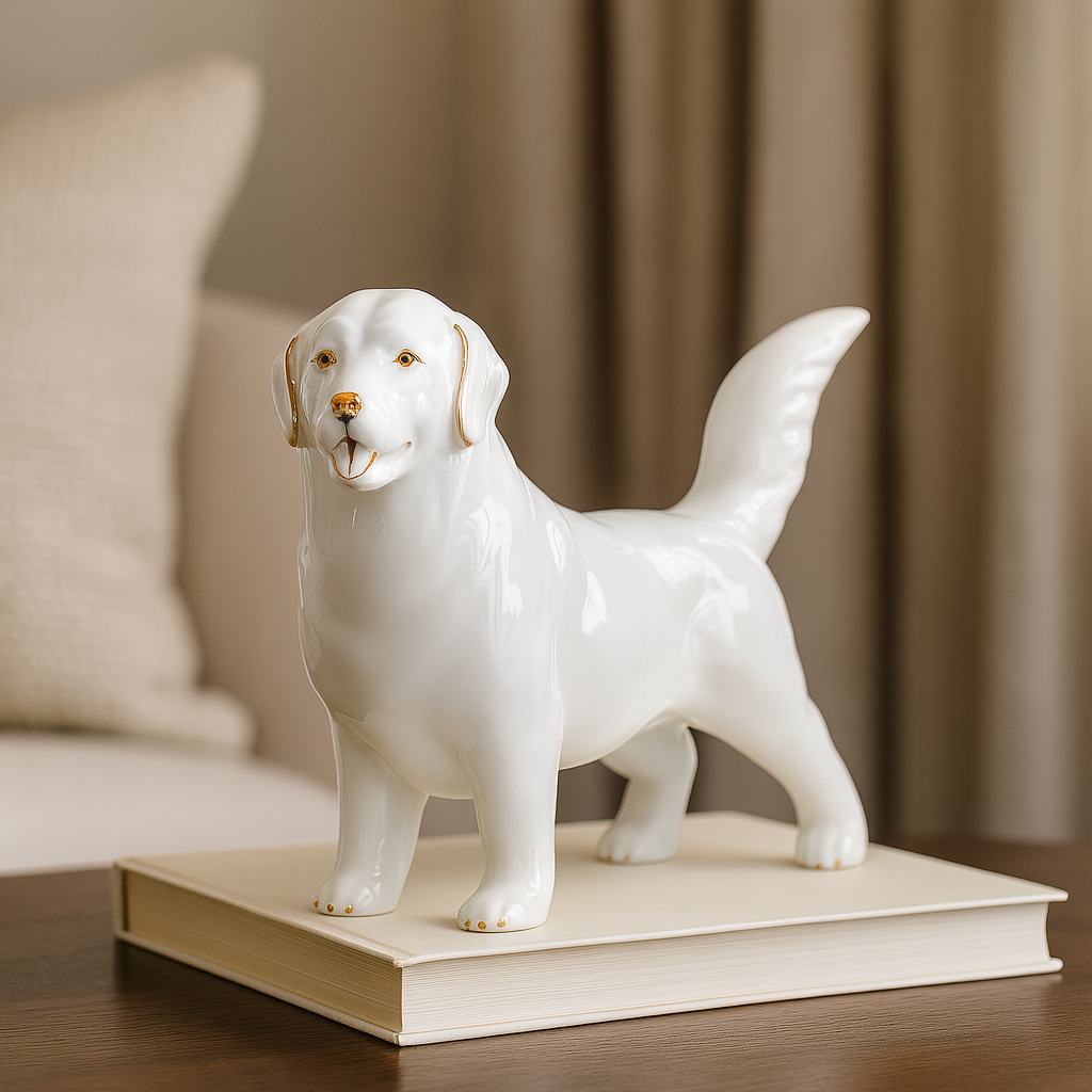 Premium White Dog Figurine - Handmade Porcelain with Gold Accents