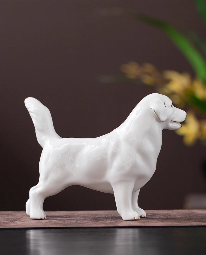 Premium White Dog Figurine - Handmade Porcelain with Gold Accents