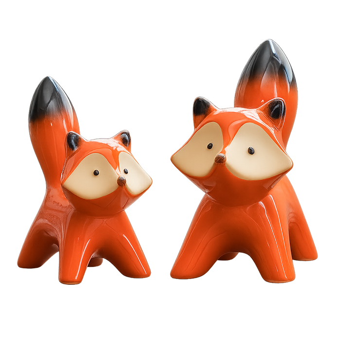 Two glossy orange ceramic fox figurines with black-tipped tails on a light studio background