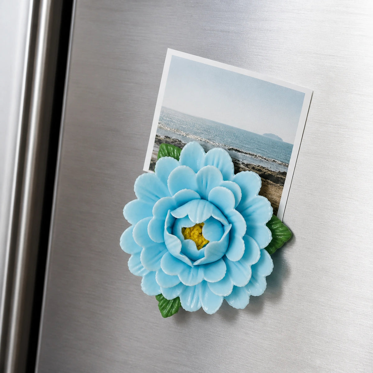 Aimant pivoine en céramique bleu poudré retenant une photo claire du littoral.
