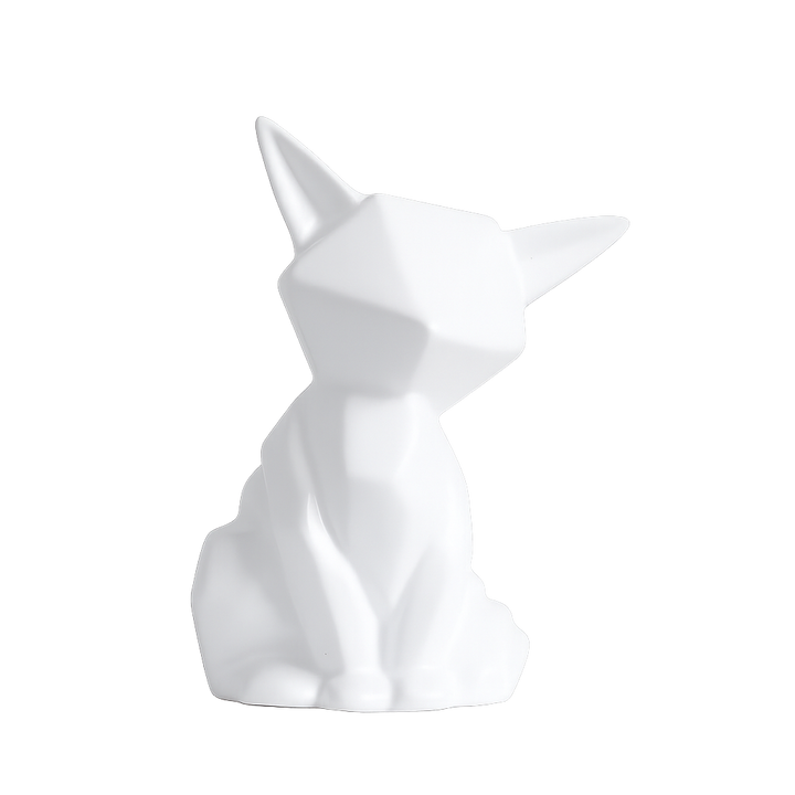 White faceted ceramic fox figurine rim-lit against a dark gray gradient background