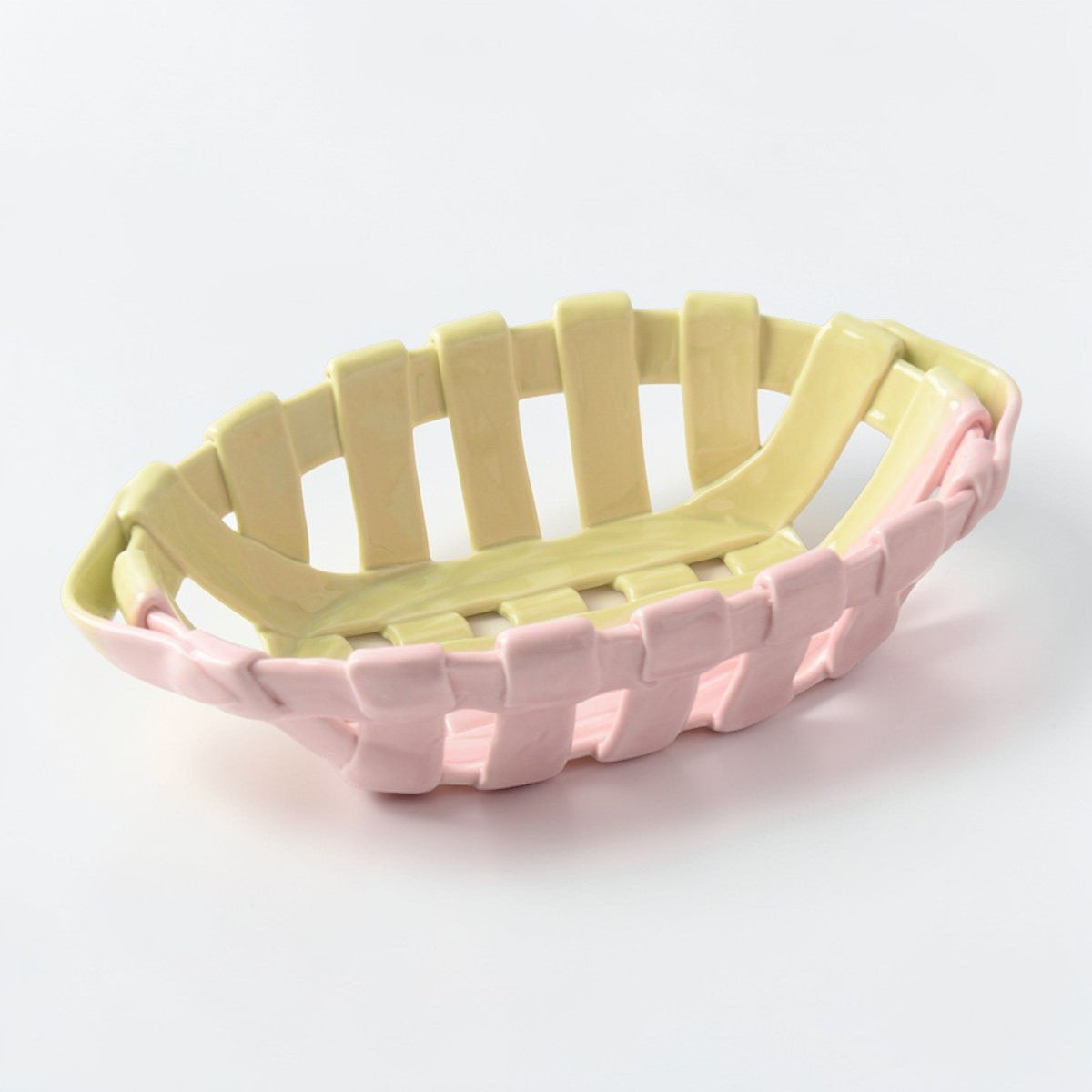 Artisanal Two-Tone Woven Ceramic Basket | Pink & Yellow Gradient Fruit Bowl