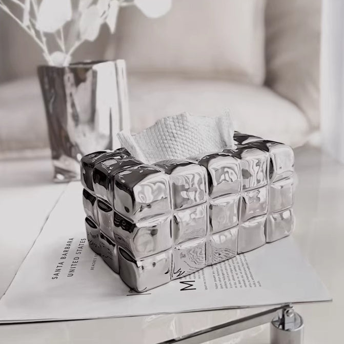 Sculptural Waffle Grid Ceramic Tissue Box | Modern Pop Art Decor