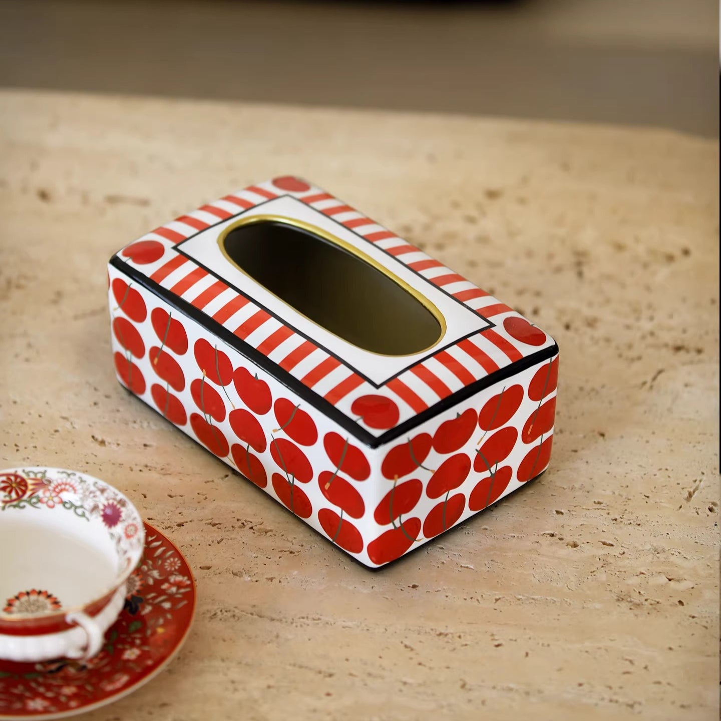 Boîte à mouchoirs en céramique cerise rétro | Distributeur Pop Art rayé