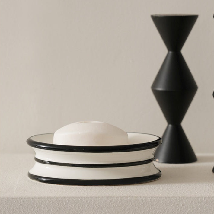 Französische Bistro ovale Keramik Seifenschale | Vintage weißes Tablett mit schwarzem Rand