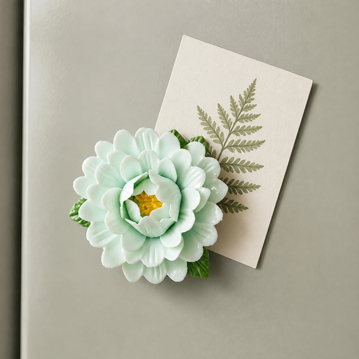 Aimant pivoine en céramique vert pâle retenant une seule carte illustrée de fougère.