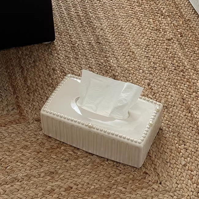 Fluted Beaded Ceramic Tissue Box | Neoclassical Pearl Decor