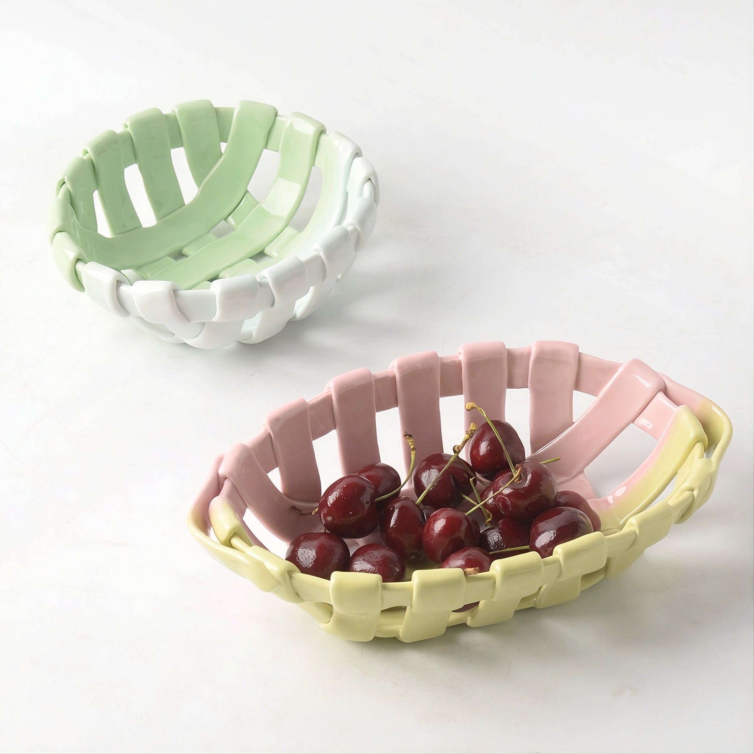 Artisanal Two-Tone Woven Ceramic Basket | Pink & Yellow Gradient Fruit Bowl