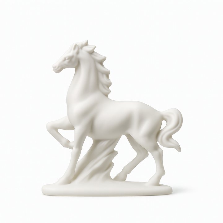 White ceramic horse figurine with raised front leg on a smooth base