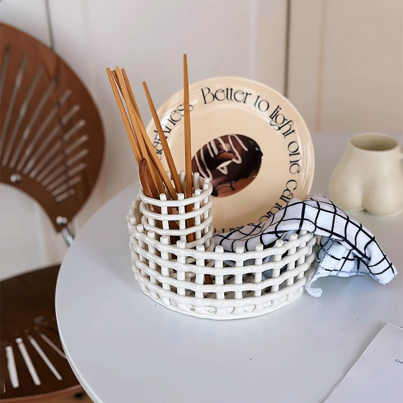 Artisanal Woven Ceramic Lattice Basket | Architectural Table Decor