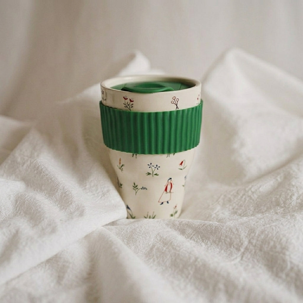 Whimsical Narrative Ceramic Travel Vessel | Folk Illustrative Decor