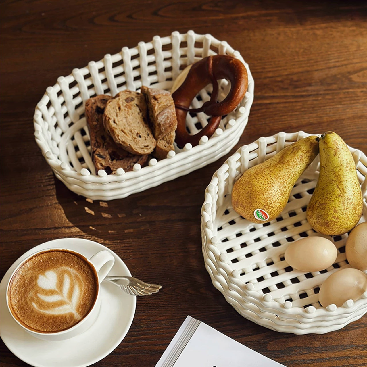 Sculptural Woven Oval Ceramic Basket | Artisanal Lattice Decor