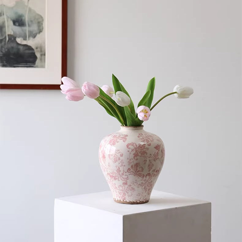 Vase en céramique floral français vintage | Pichet shabby chic vieilli