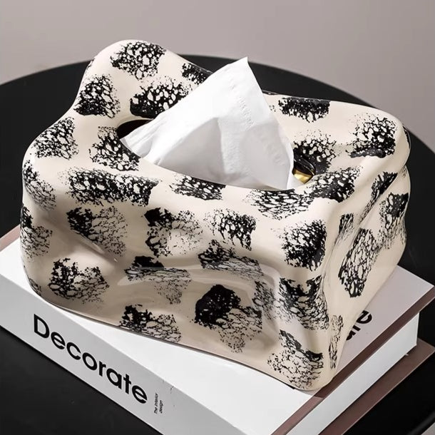 Boîte à mouchoirs en céramique ondulée tache d’encre abstraite | Décor monochrome moderne