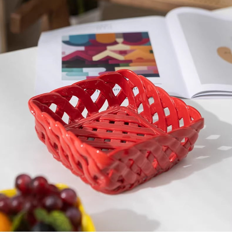 Sculptural Woven Ceramic Square Fruit Basket | Post-Modern Pop Art