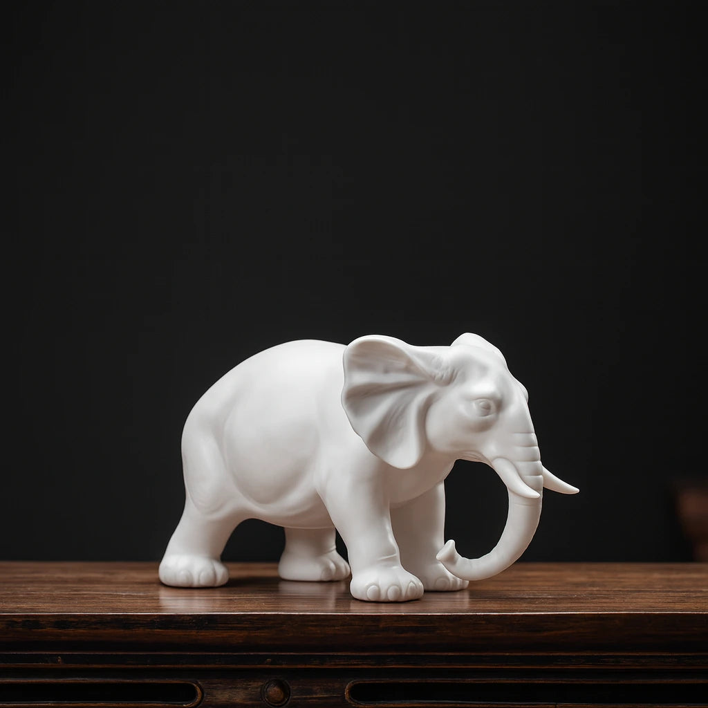 Handcrafted White Ceramic Elephant Statue for Good Luck & Modern Home Decor