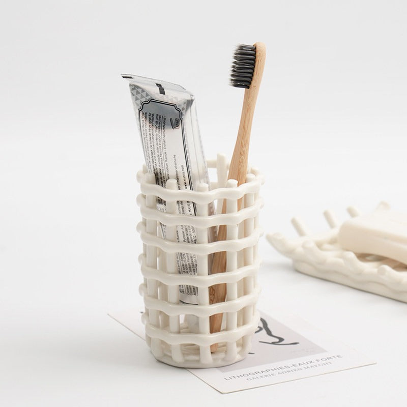 Hand-Finished Woven Lattice Ceramic Caddy | Modern Mesh Organizer