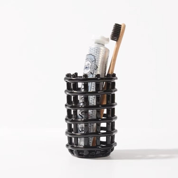 Hand-Finished Woven Lattice Ceramic Caddy | Modern Mesh Organizer