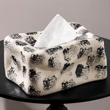 Boîte à mouchoirs en céramique ondulée tache d’encre abstraite | Décor monochrome moderne