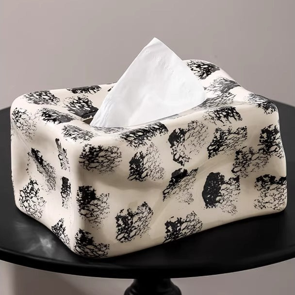 Boîte à mouchoirs en céramique ondulée tache d’encre abstraite | Décor monochrome moderne