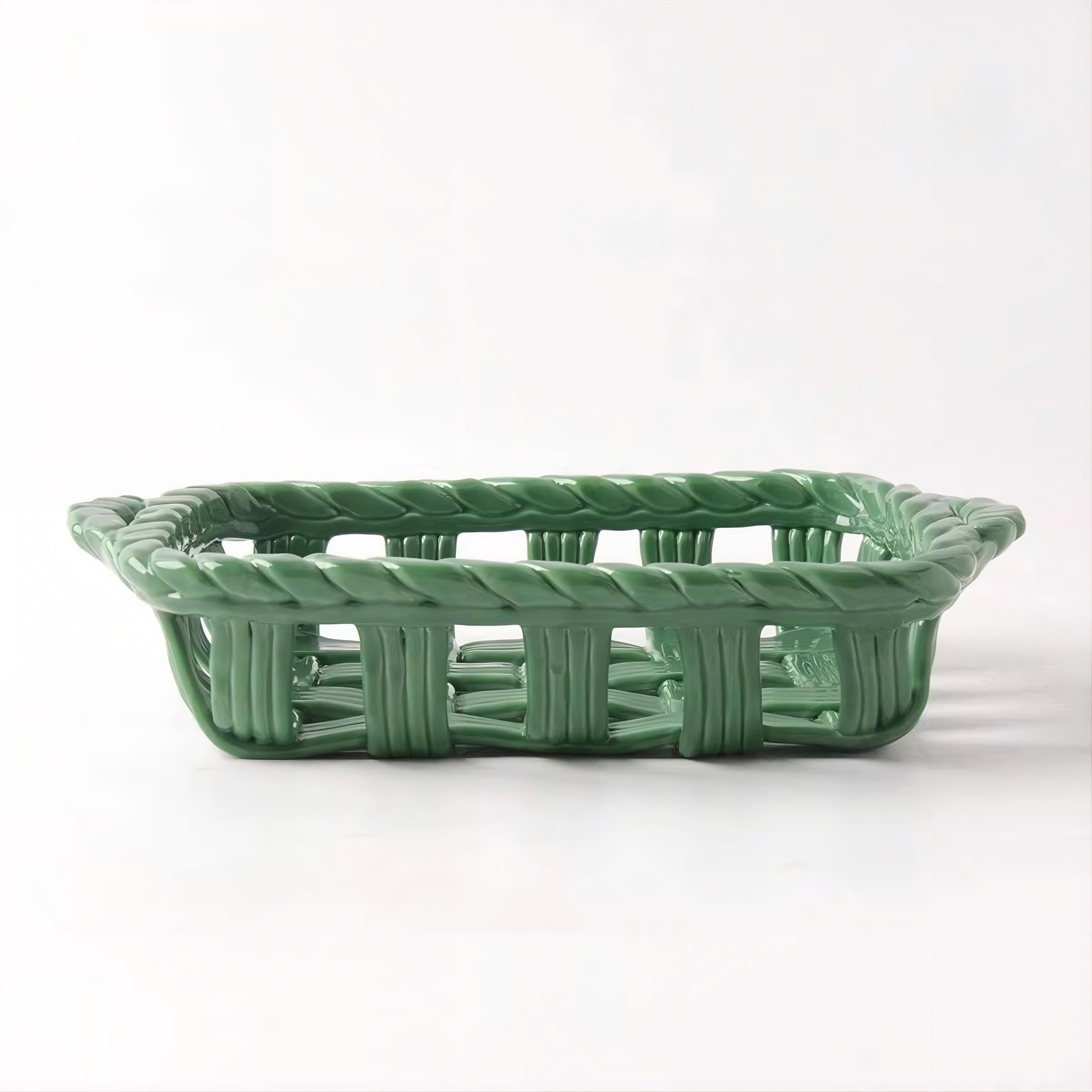 Artisanal Hand-Woven Ceramic Tray | Vintage Sage Green Woven Fruit & Bread Basket