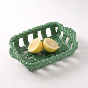 Artisanal Hand-Woven Ceramic Tray | Vintage Sage Green Woven Fruit & Bread Basket