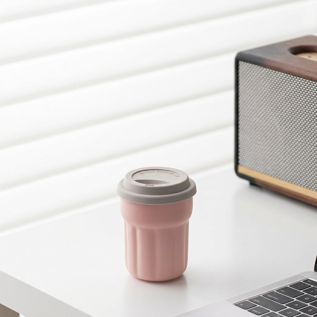 Blush pink fluted ceramic travel mug with gray lid on a desk beside a laptop