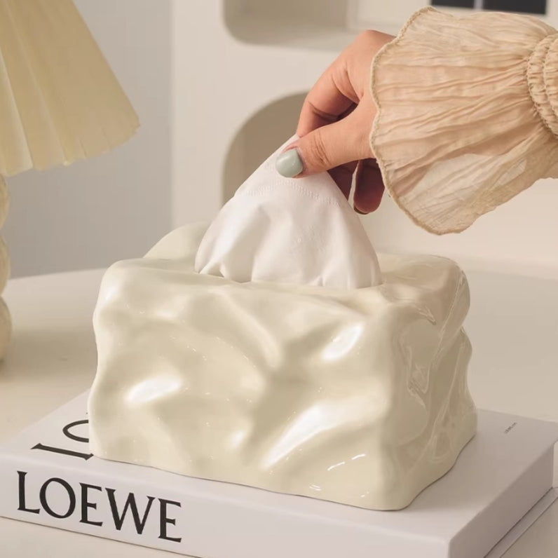 Sculptural "Crinkled Paper" Ceramic Tissue Box | Modern Art Decor