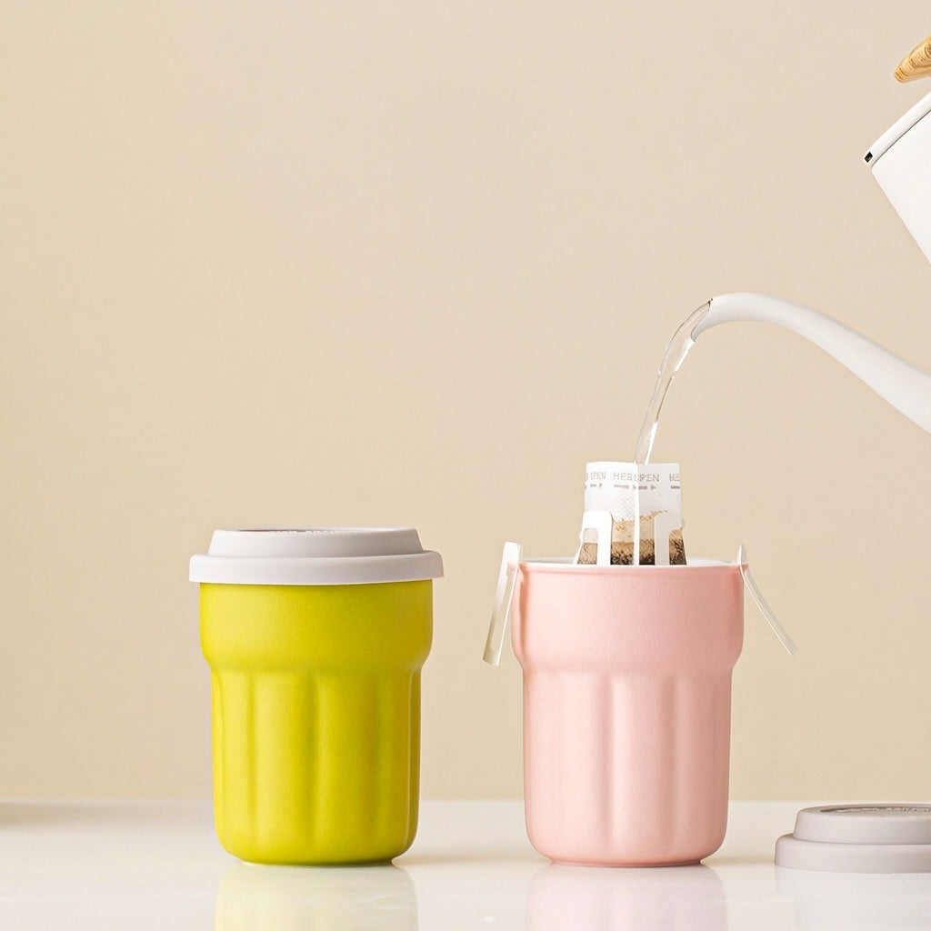 Lime green and blush pink fluted ceramic travel mugs beside tea being poured