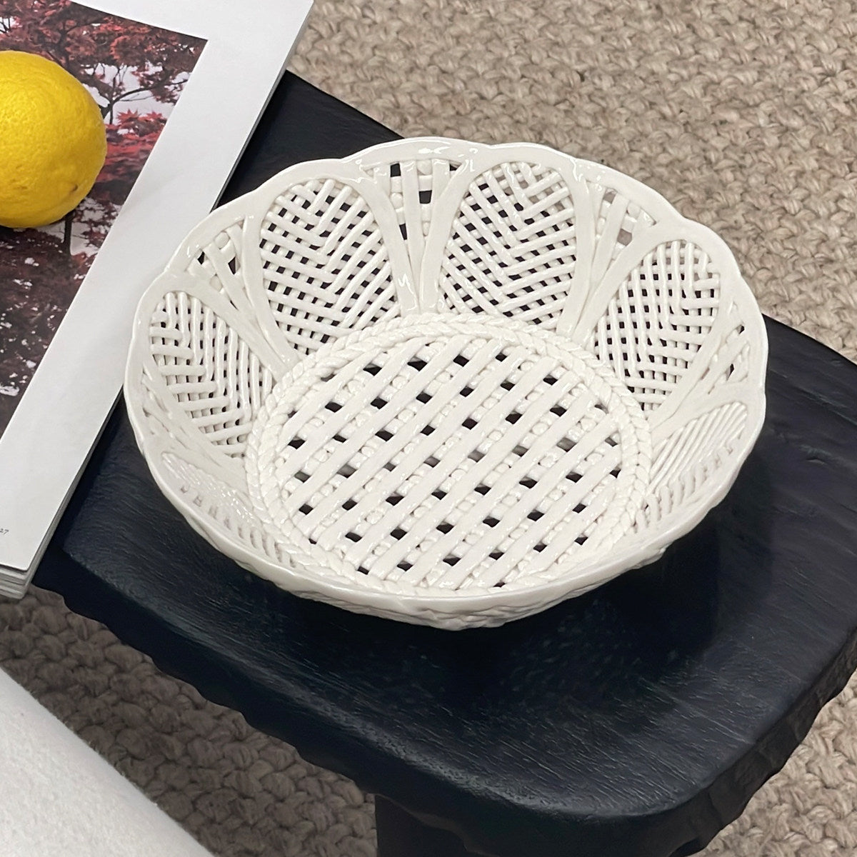 Artisanal Woven Lattice Ceramic Bowl | Sculptural Centerpiece