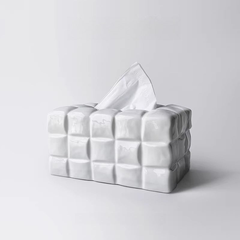Sculptural Waffle Grid Ceramic Tissue Box | Modern Pop Art Decor