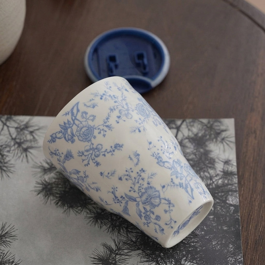 Azure Botanical Ceramic Travel Vessel | Chinoiserie Inspired Decor